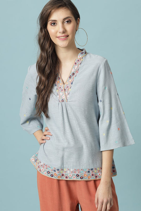 Gipsy Sage Medium Length V- Neck Cotton Tunic