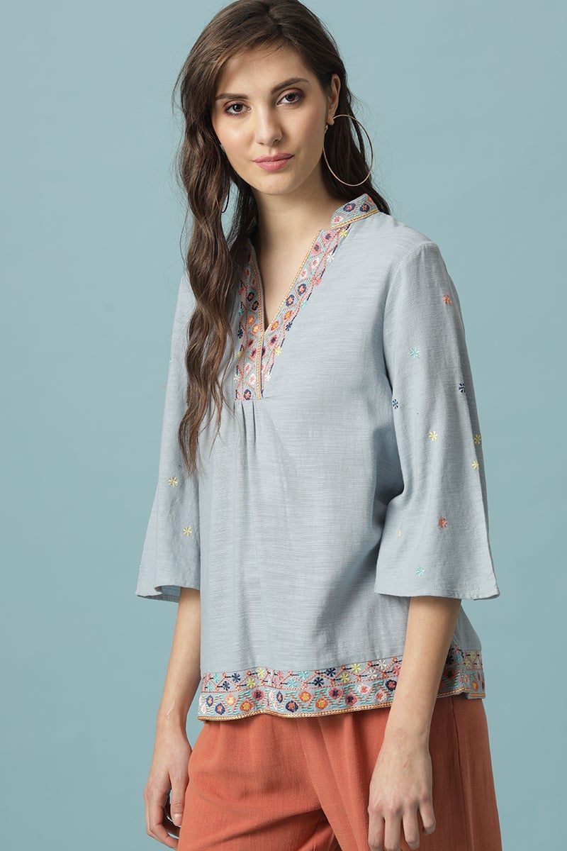 Gipsy Sage Medium Length V- Neck Cotton Tunic