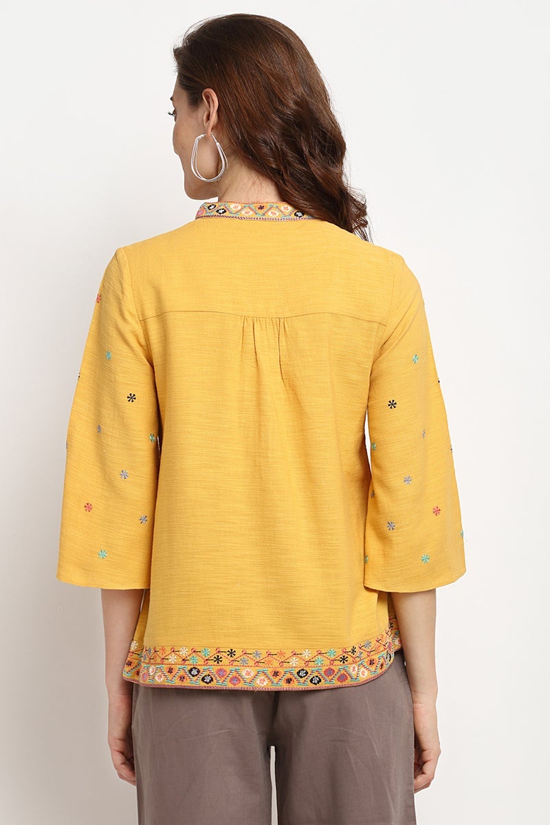 Yellow Medium Length V-Neck Cotton Tunic