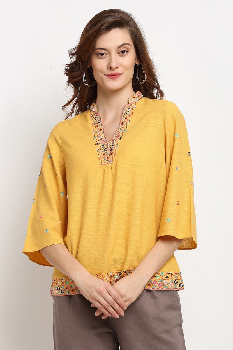Yellow Medium Length V-Neck Cotton Tunic