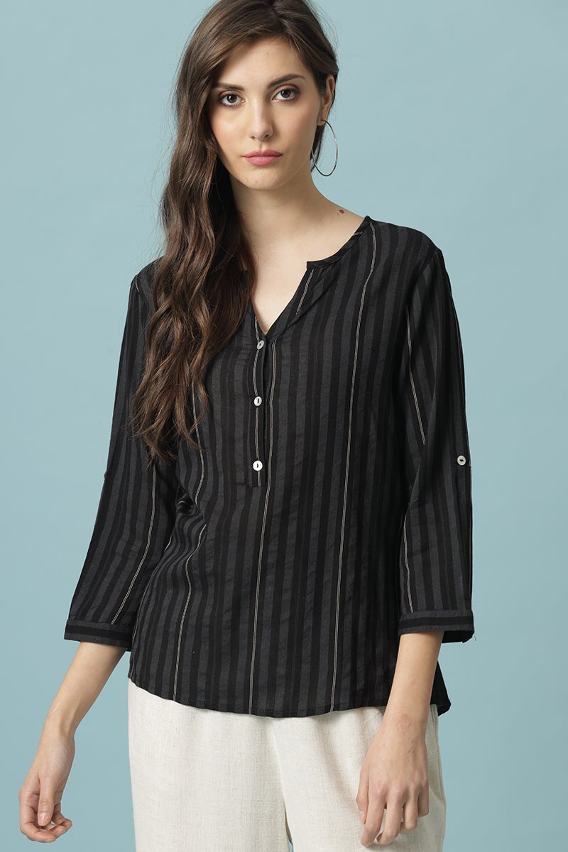 Gipsy Black Medium Length V- Neck Cotton Tunic