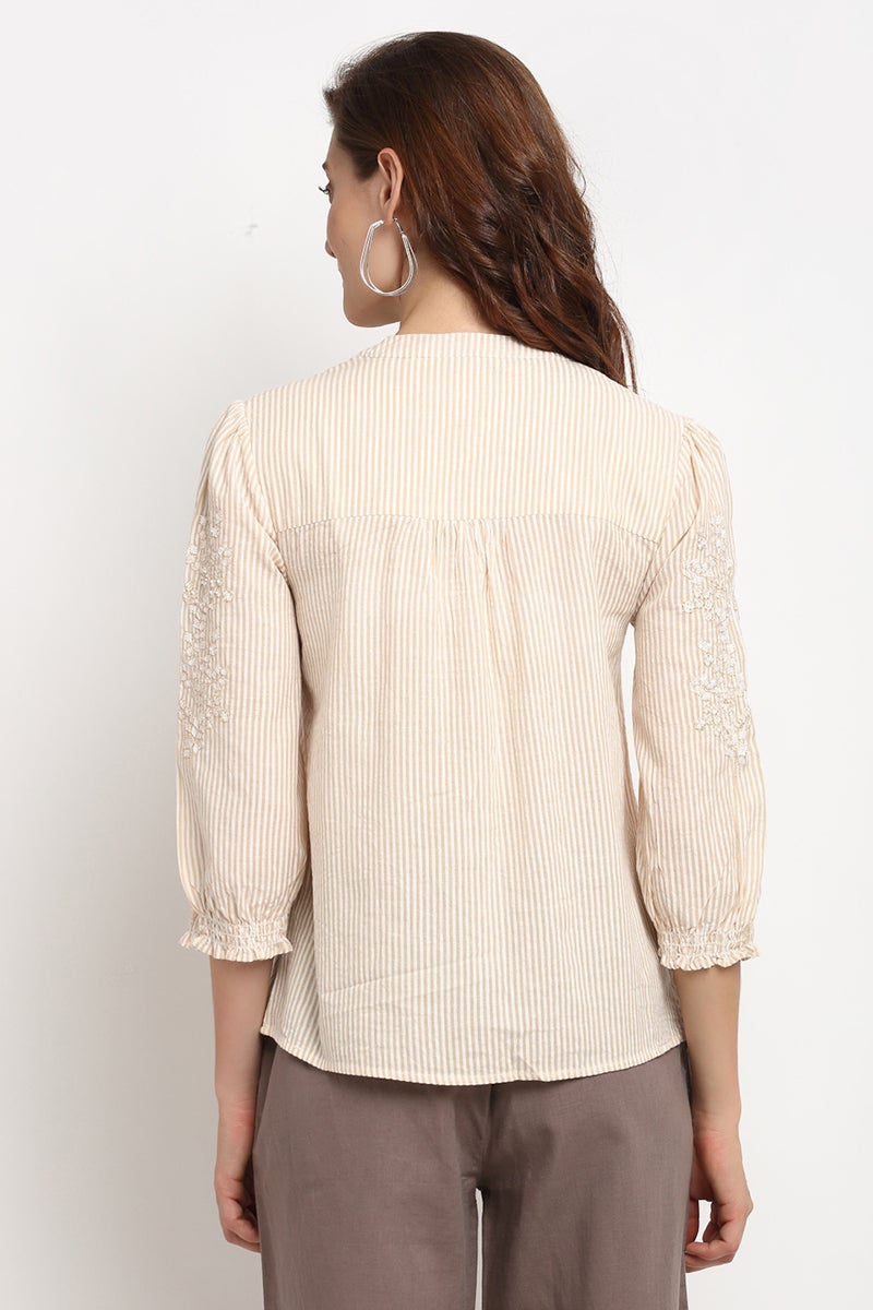 Mustard Medium Length V-Neck Cotton Stripe Tunic