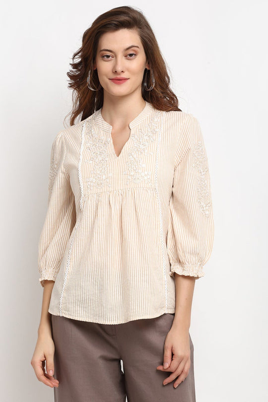 Mustard Medium Length V-Neck Cotton Stripe Tunic