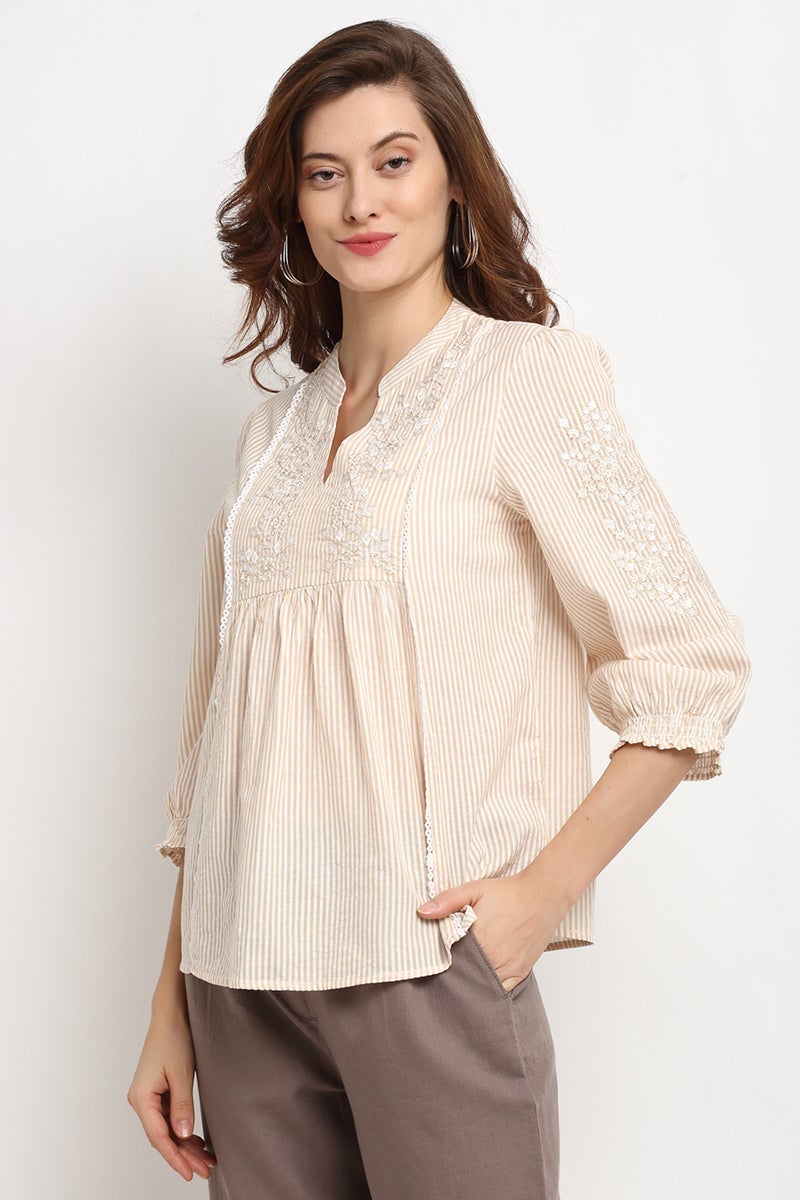 Mustard Medium Length V-Neck Cotton Stripe Tunic