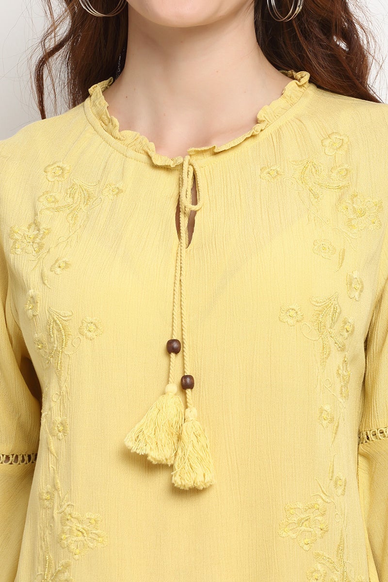 Yellow Medium Length Tie - Up Rayon Crepe Tunic