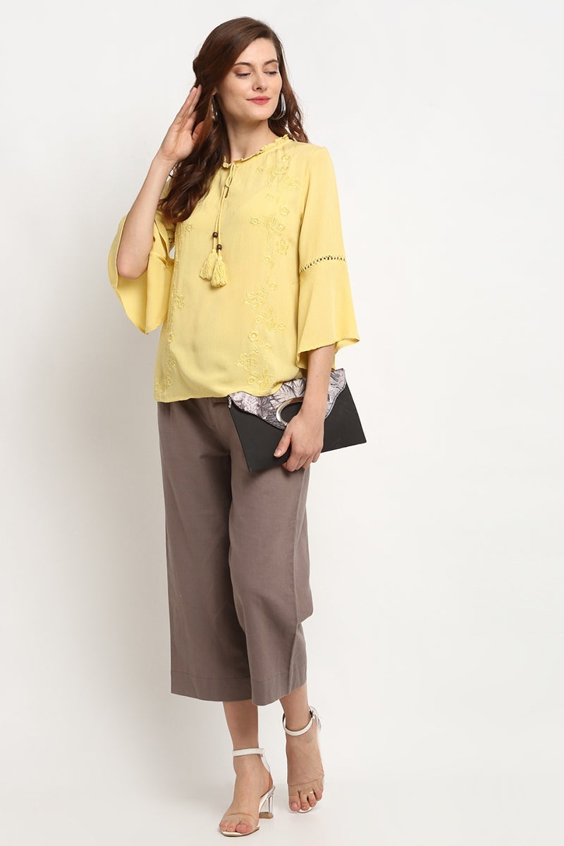 Yellow Medium Length Tie - Up Rayon Crepe Tunic