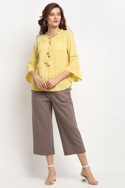 Yellow Medium Length Tie - Up Rayon Crepe Tunic