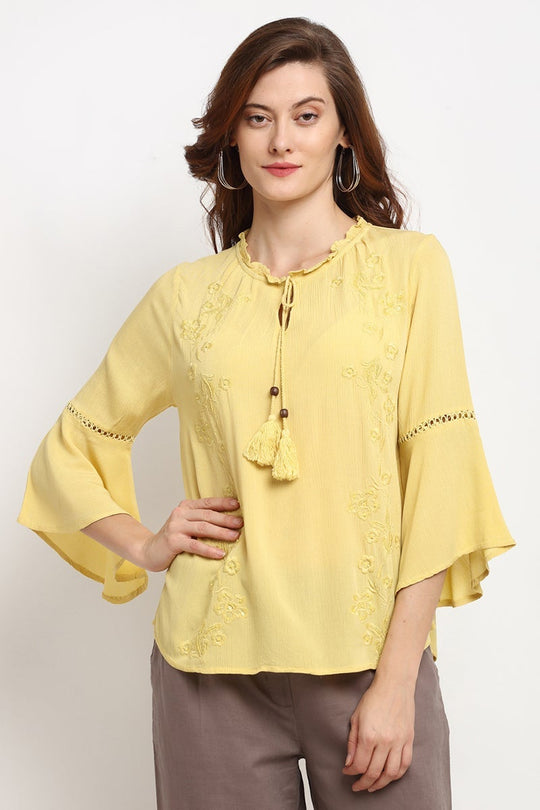 Yellow Medium Length Tie - Up Rayon Crepe Tunic