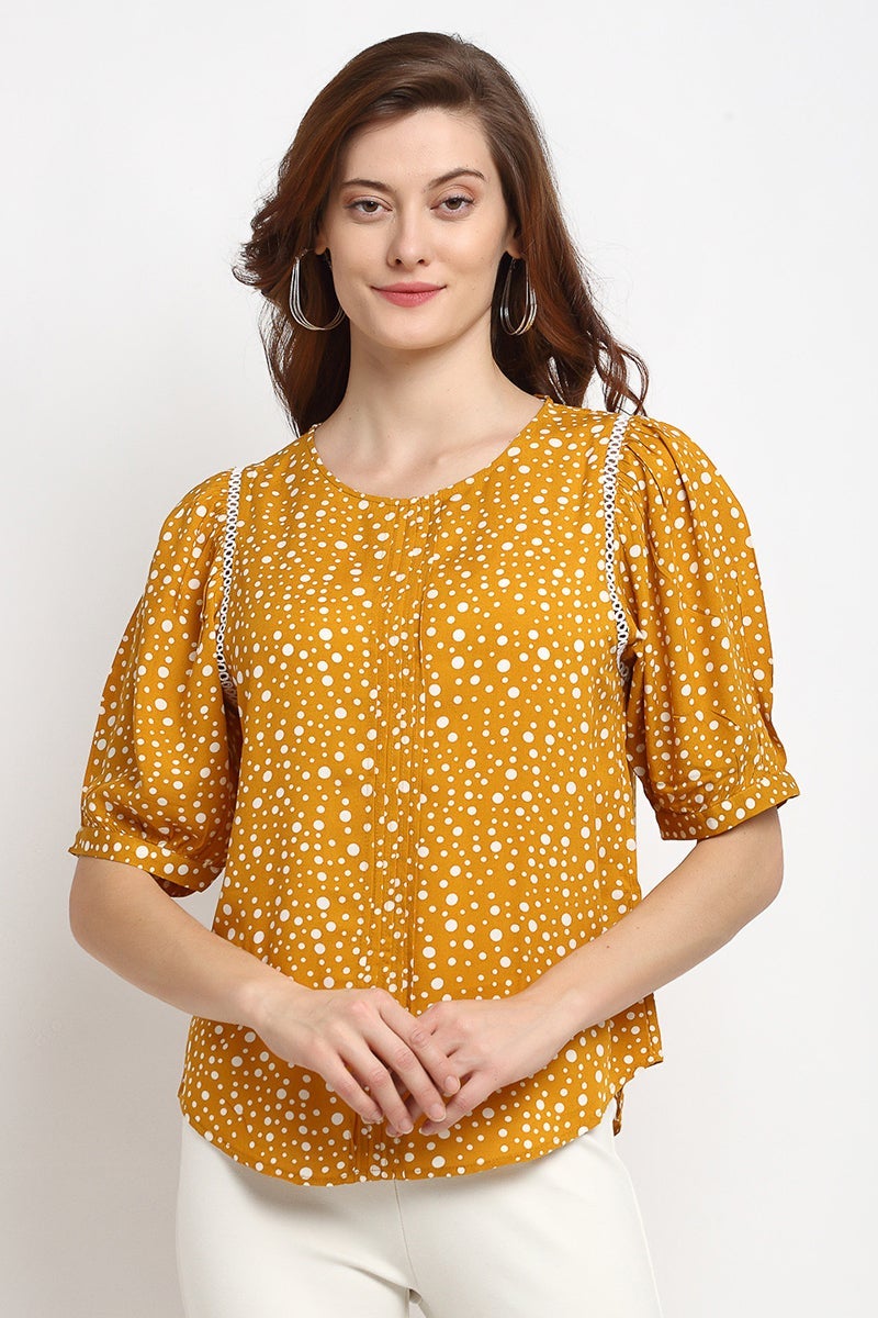 Mustard Medium Length Round Neck Rayon Tunic