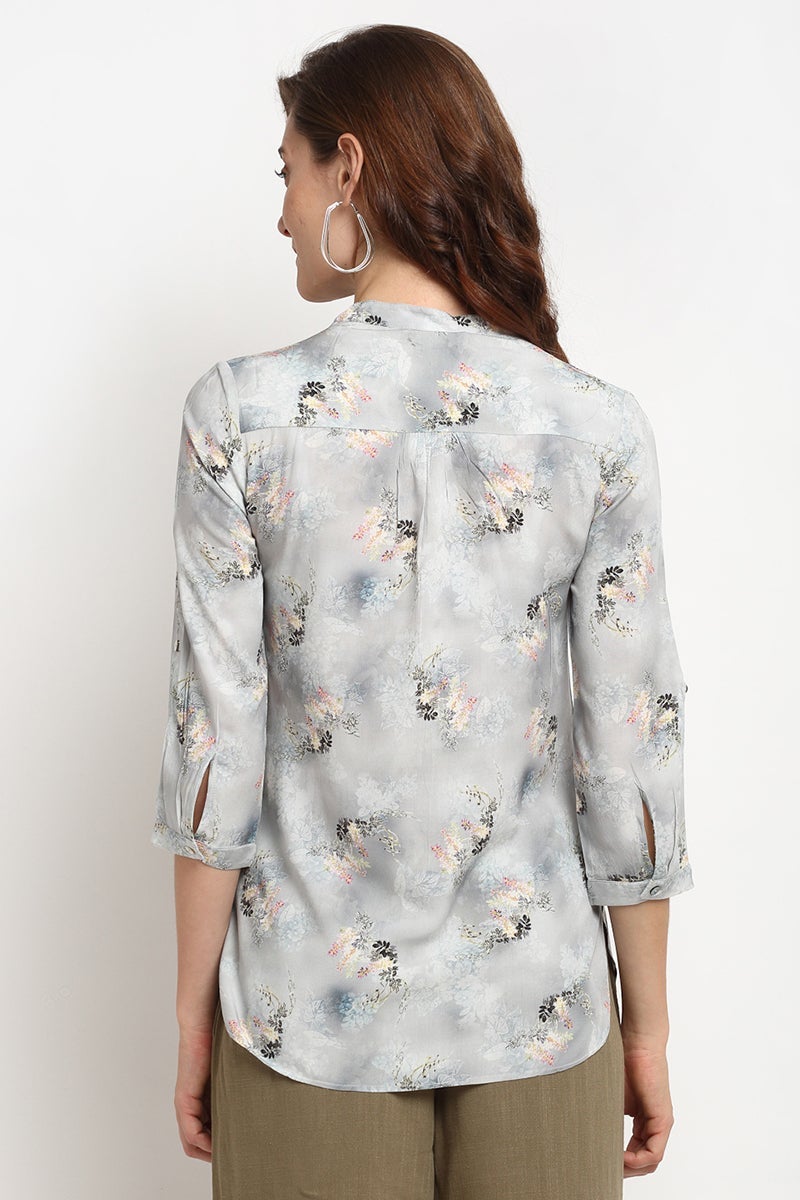 Grey Medium Length V-Neck Rayon Crepe Tunic