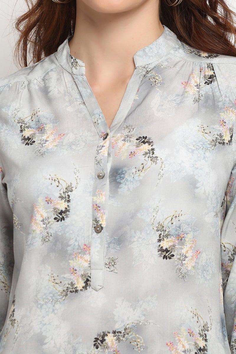 Grey Medium Length V-Neck Rayon Crepe Tunic