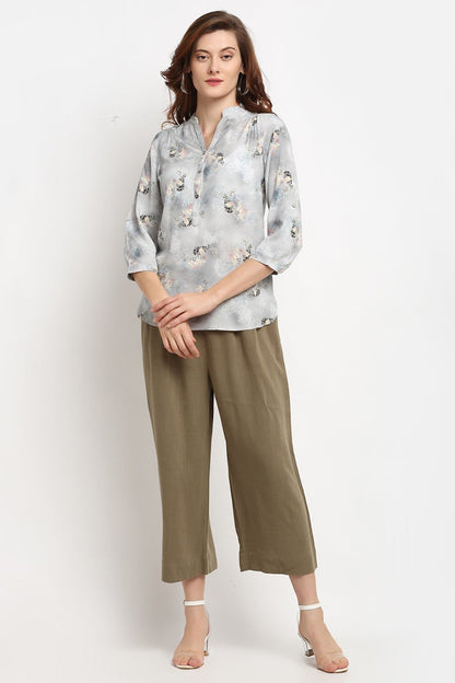 Grey Medium Length V-Neck Rayon Crepe Tunic