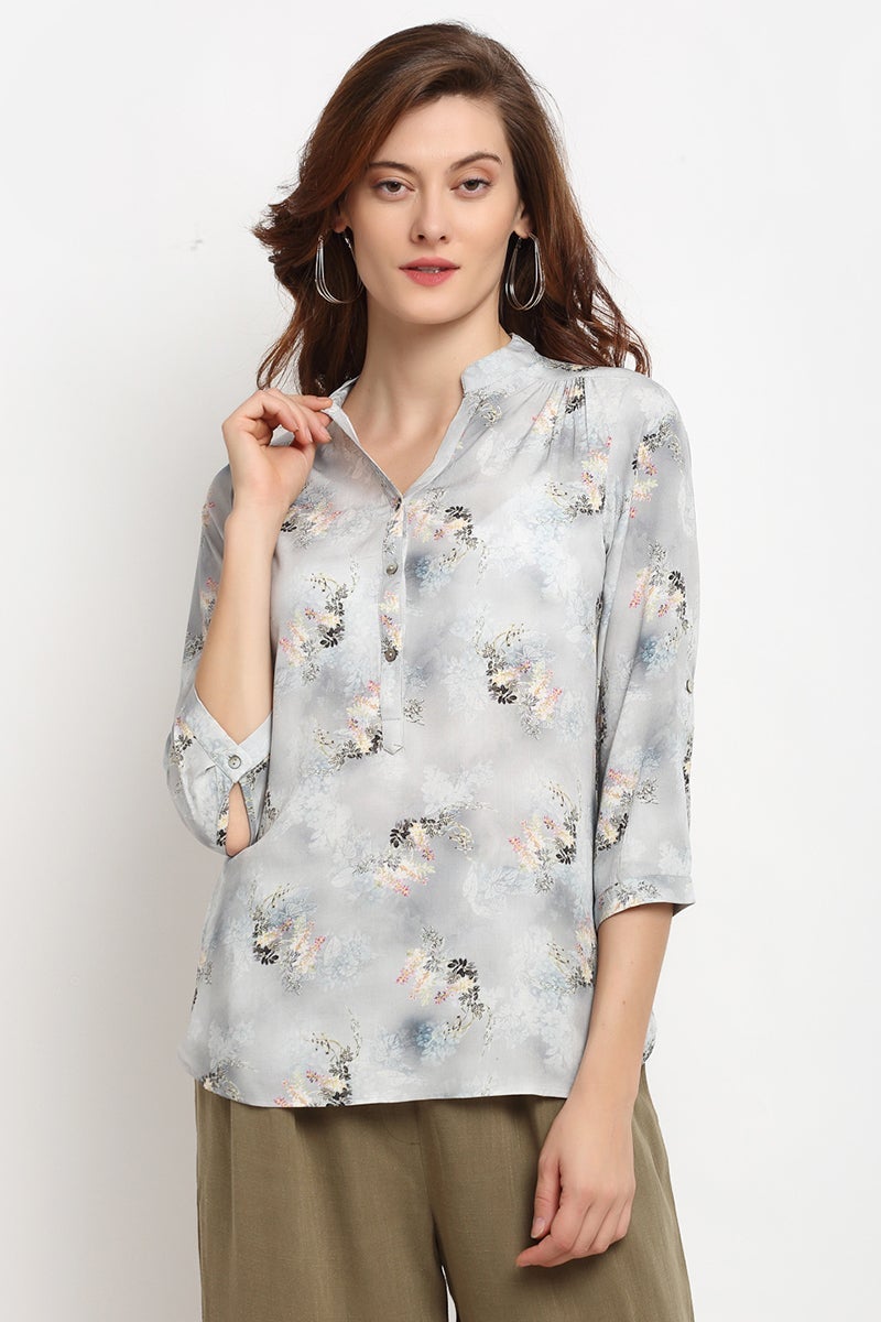 Grey Medium Length V-Neck Rayon Crepe Tunic