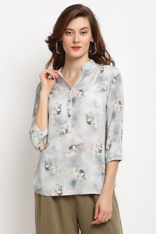 Grey Medium Length V-Neck Rayon Crepe Tunic