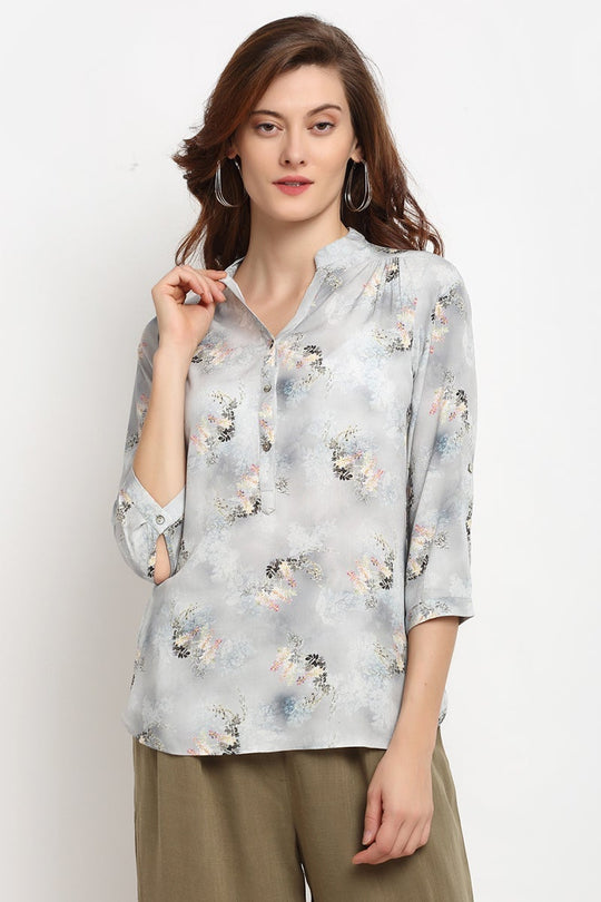 Grey Medium Length V-Neck Rayon Crepe Tunic