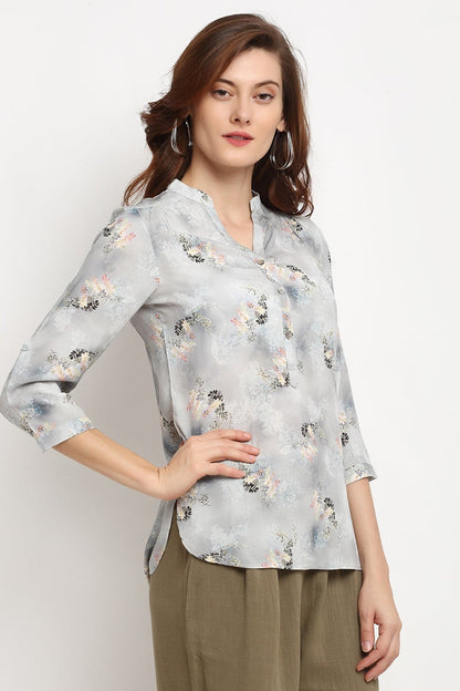 Grey Medium Length V-Neck Rayon Crepe Tunic