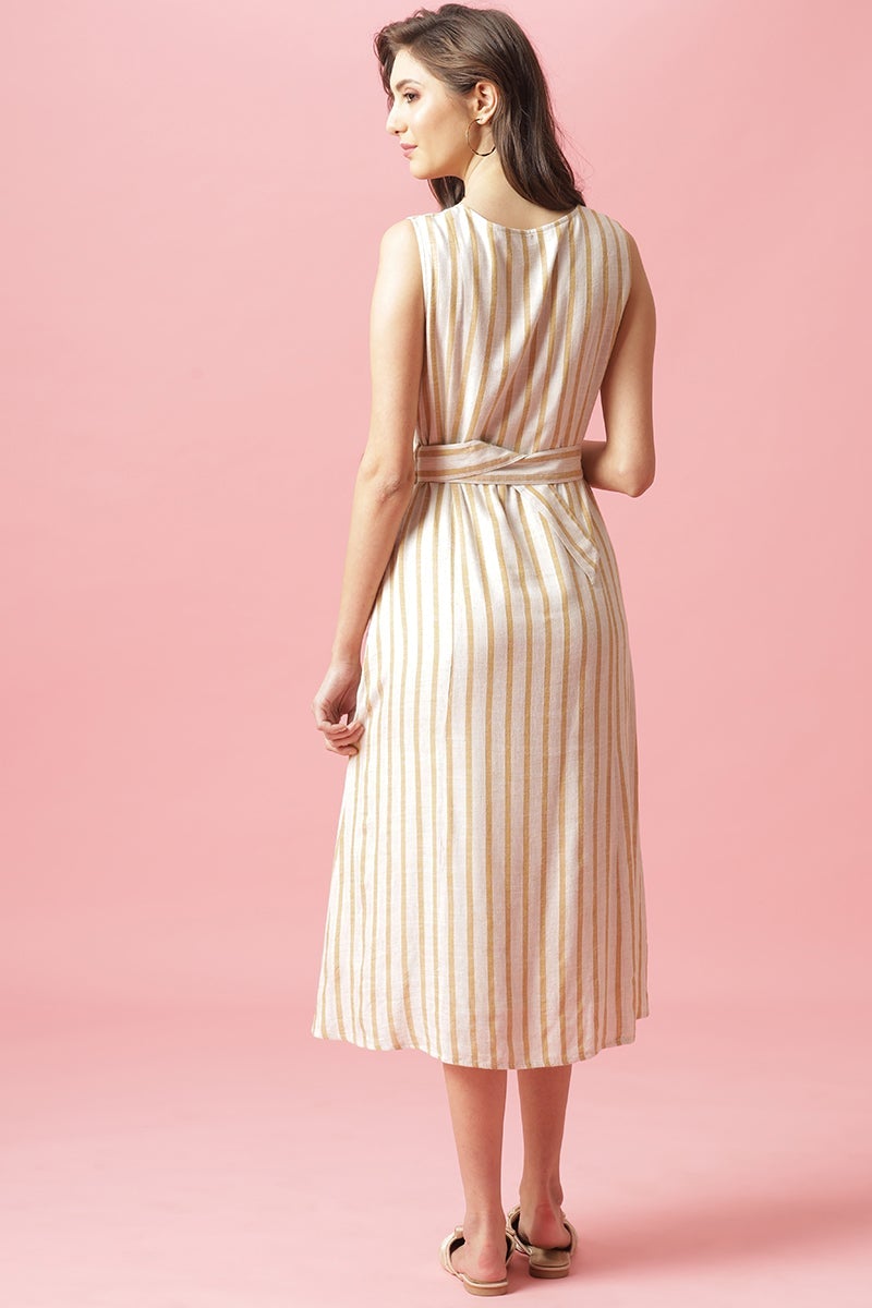 Mustard Midi Length Round Neck Cotton Dress