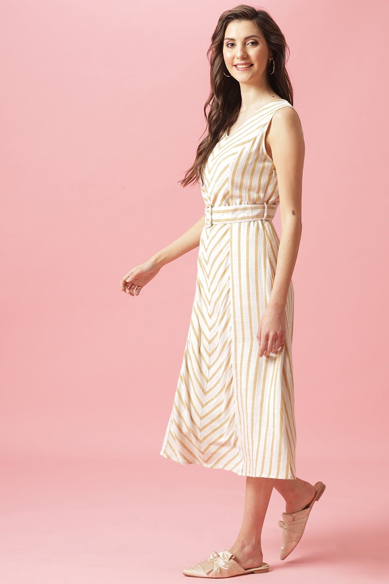 Mustard Midi Length Round Neck Cotton Dress