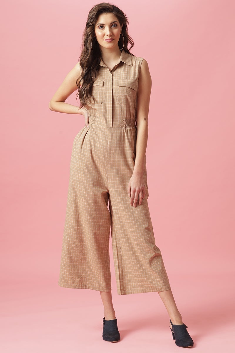 Gipsy Beige Ankle Length Shirt Collar Cotton Jumpsuit
