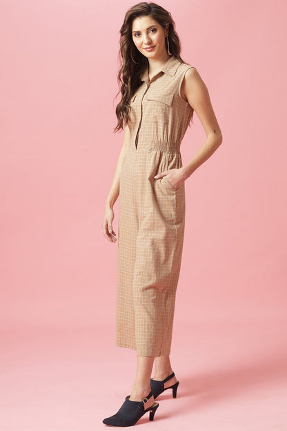 Gipsy Beige Ankle Length Shirt Collar Cotton Jumpsuit