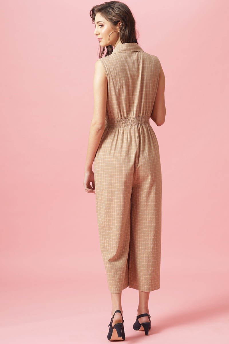 Gipsy Beige Ankle Length Shirt Collar Cotton Jumpsuit
