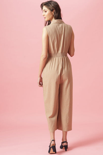 Gipsy Beige Ankle Length Shirt Collar Cotton Jumpsuit