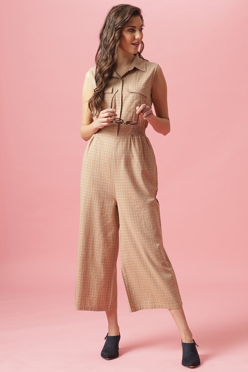Gipsy Beige Ankle Length Shirt Collar Cotton Jumpsuit