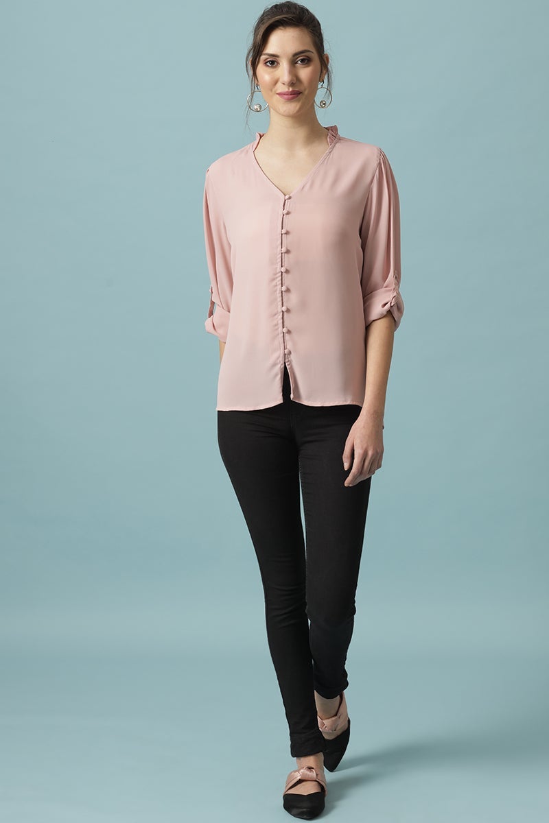 Gipsy Dusky Pink Medium Length V- Neck Polyester Tunic