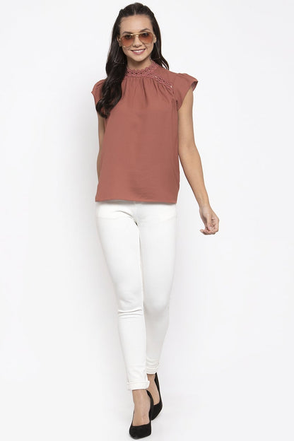 Gipsy Women Choker Neck No Sleeves Solid Brick Color Tops