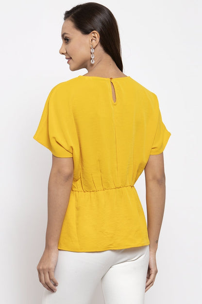 Gipsy Women Round Neck Short Sleeves Solid Yellow Color Tops
