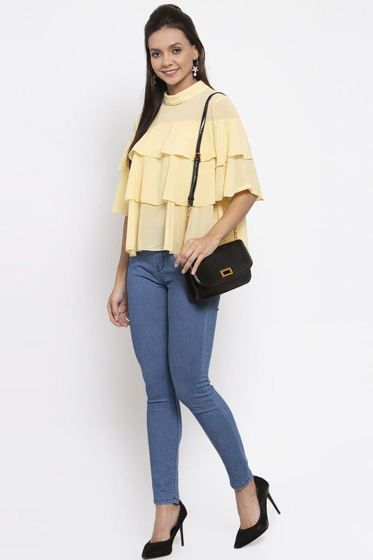 Gipsy Women Choker Neck Short Sleeves Solid Yellow Color Tops