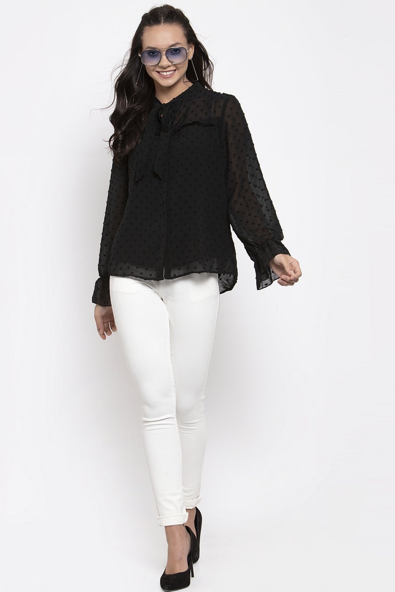 Gipsy Women Tie-Up Neck Long Sleeves Solid Black Color Tops