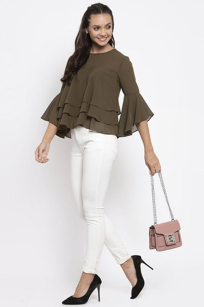 Gipsy Women Round Neck Short Sleeves Solid Olive Color Tops