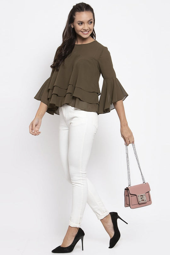 Gipsy Women Round Neck Short Sleeves Solid Olive Color Tops