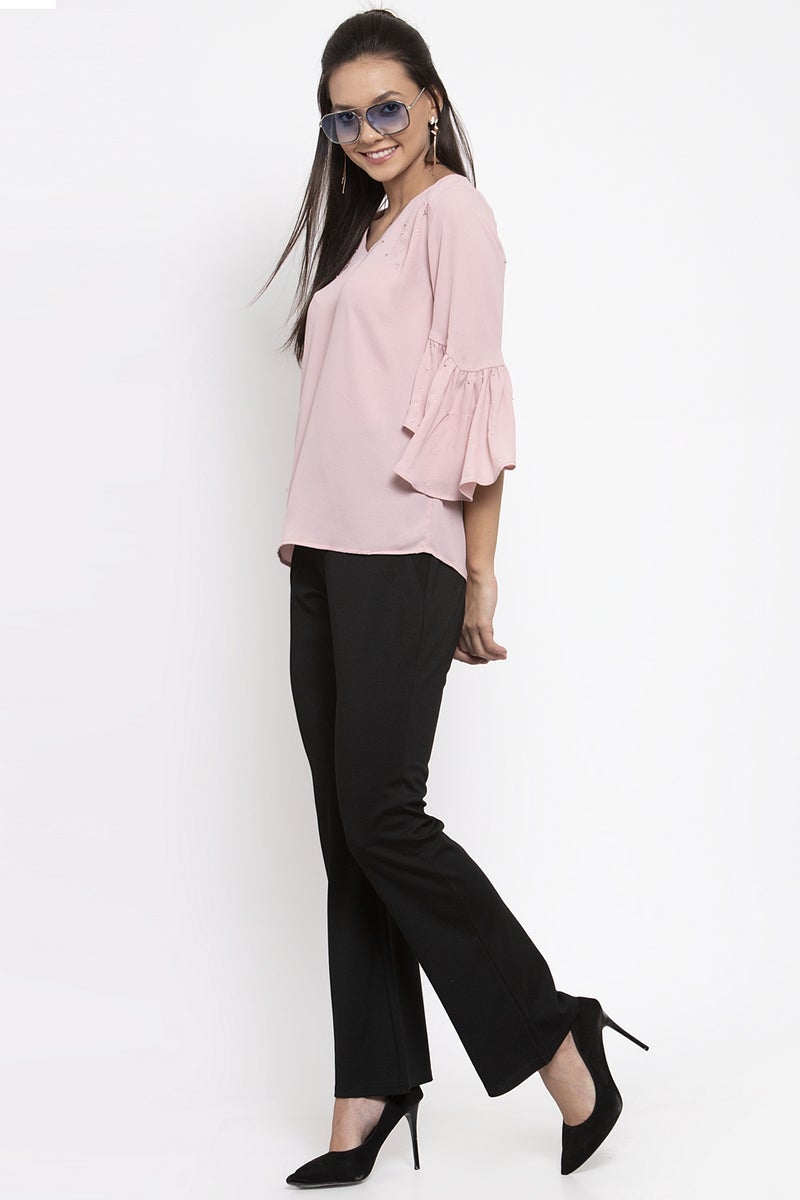 Gipsy Women V-Neck Three-Quarter Sleeves Solid Dusky Pink Color Tops