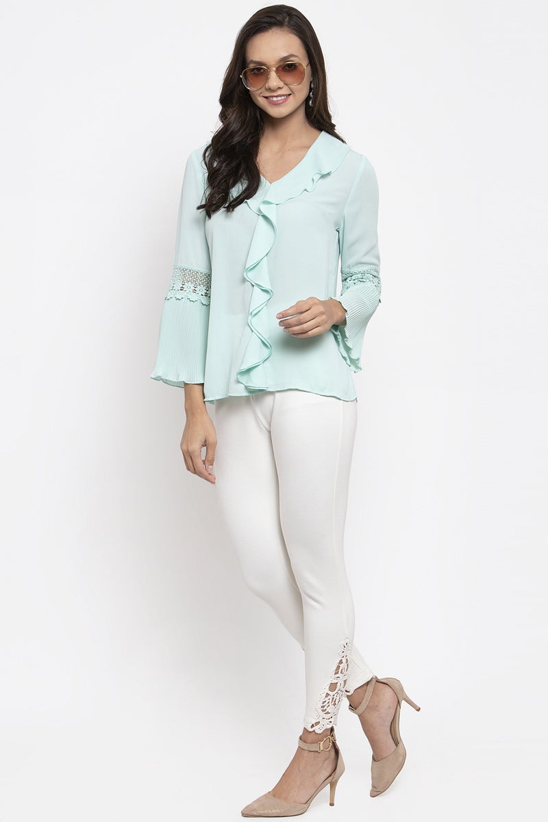 Gipsy Women V-Neck Long Sleeves Solid Mint Color Tops