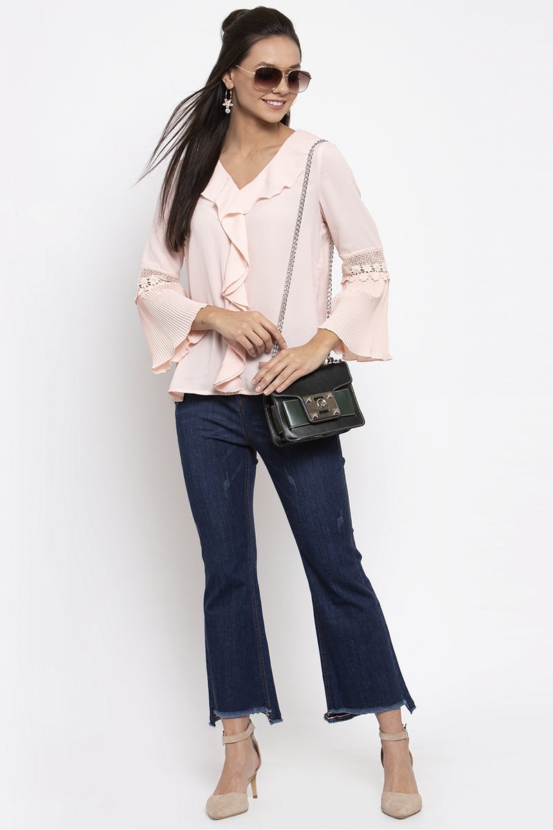 Gipsy Women V-Neck Long Sleeves Solid Blush Pink Color Tops