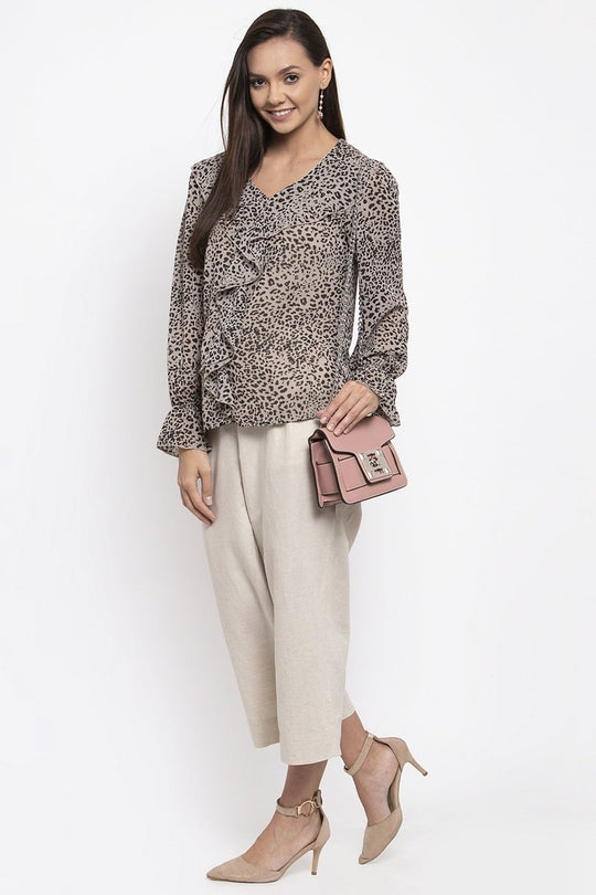 Gipsy Women V-Neck Long Sleeves Self Design Beige Color Tops