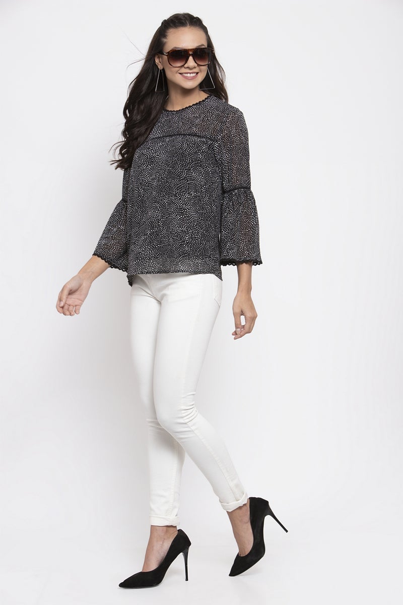 Gipsy Women Round Neck Three-Quarter Sleeves Self Design Black Print Color Tops