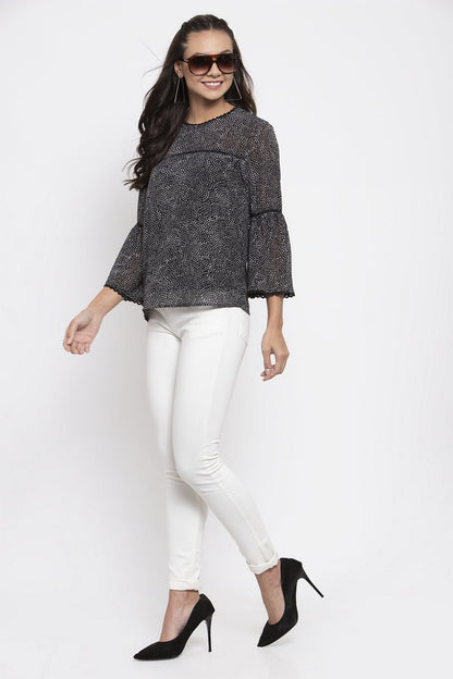 Gipsy Women Round Neck Three-Quarter Sleeves Self Design Black Print Color Tops