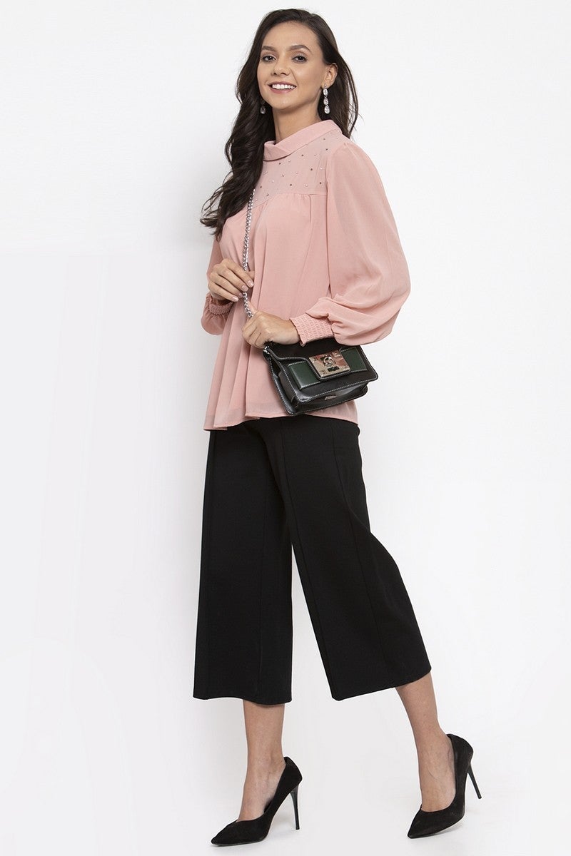 Gipsy Women Choker Neck Long Sleeves Self Design Pink Color Tops