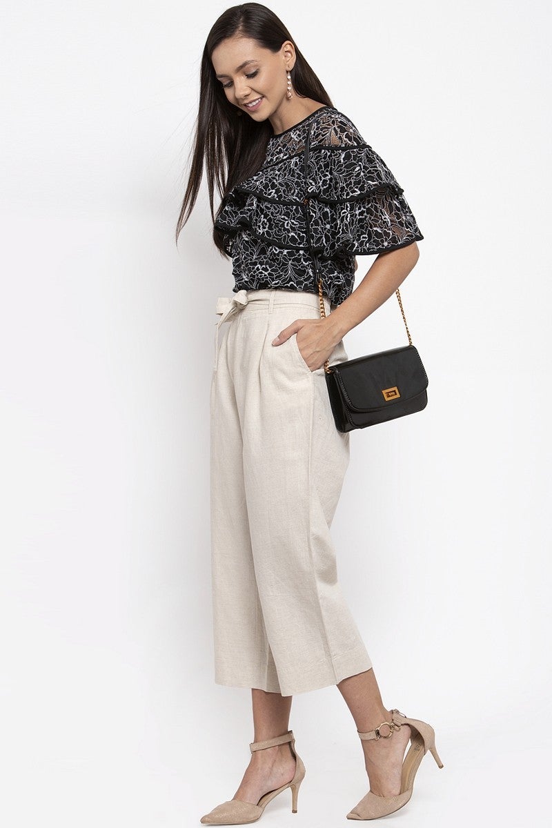 Gipsy Women Round Neck No Sleeves Self Design Black-White Color Tops