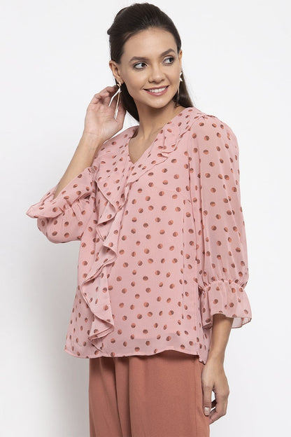 Gipsy Women V-Neck Long Sleeves Self Design Dusky Pink Color Tops