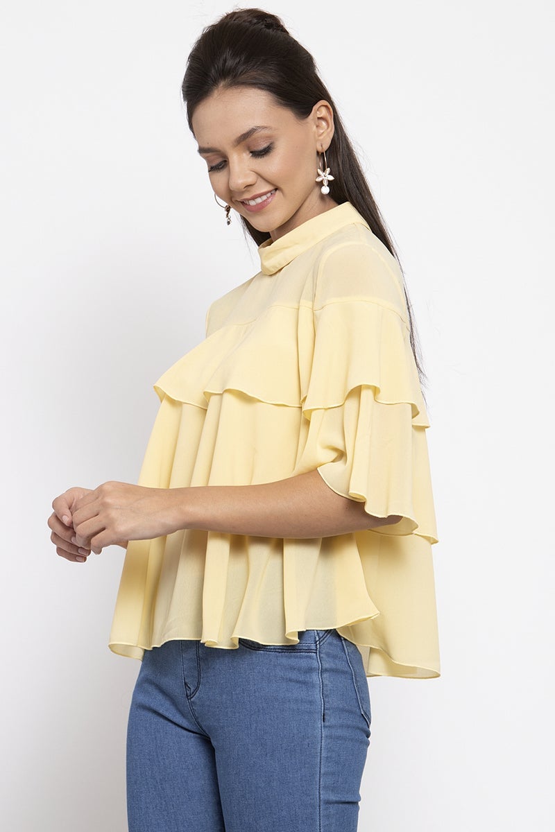 Gipsy Women Choker Neck Short Sleeves Solid Yellow Color Tops