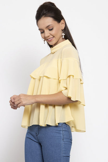 Gipsy Women Choker Neck Short Sleeves Solid Yellow Color Tops