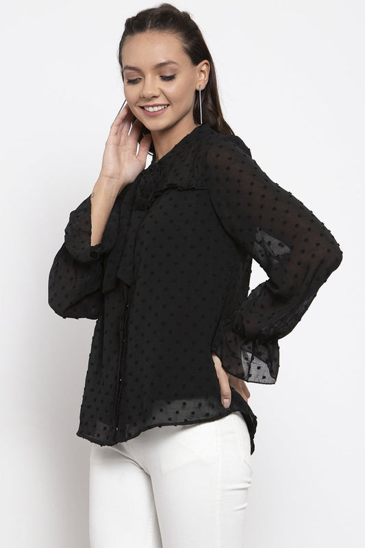 Gipsy Women Tie-Up Neck Long Sleeves Solid Black Color Tops