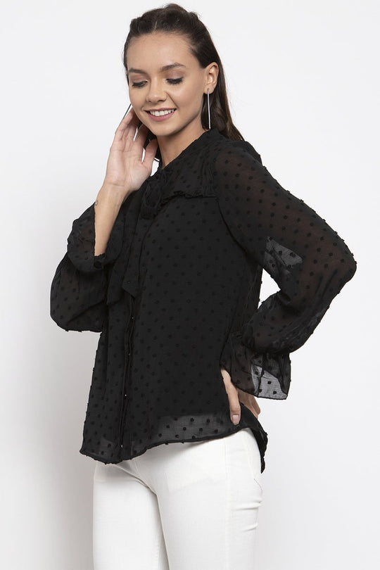 Gipsy Women Tie-Up Neck Long Sleeves Solid Black Color Tops