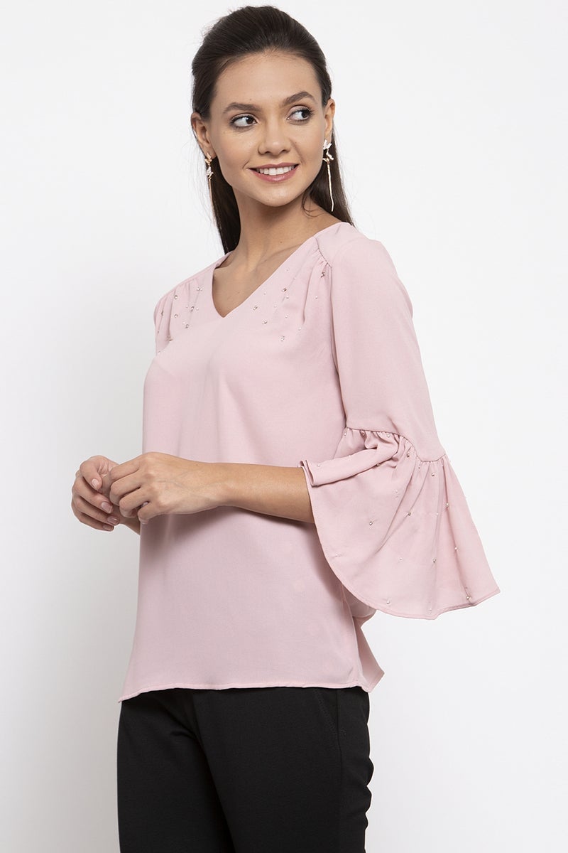 Gipsy Women V-Neck Three-Quarter Sleeves Solid Dusky Pink Color Tops
