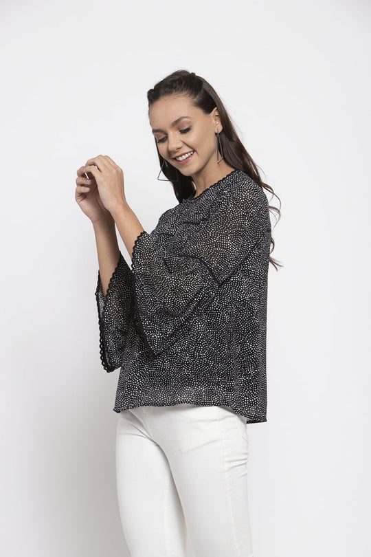 Gipsy Women Round Neck Three-Quarter Sleeves Self Design Black Print Color Tops