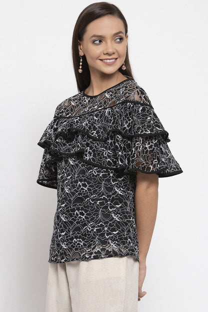 Gipsy Women Round Neck No Sleeves Self Design Black-White Color Tops